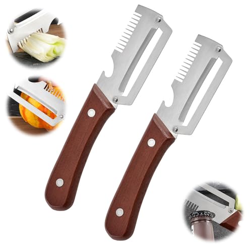 Multi-Functional Vegetable Peeler for Kitchen 2PCS Vegetable Peeler Wooden Handle 3-in-1 Peeler Grater & Bottle Opener Stainless Steel Vegetable and Fruit Peeler for Home Cooking