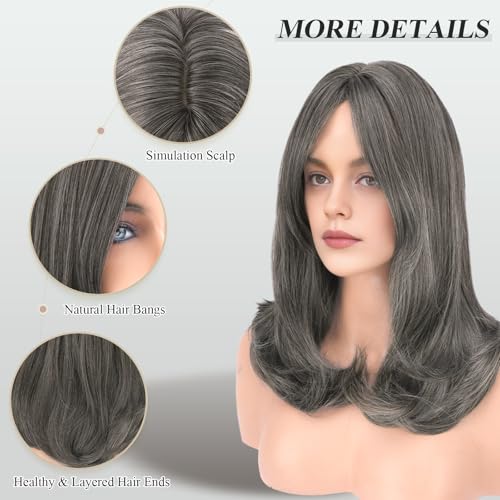 Image of FESHFEN Wigs with Bangs for Women, Synthetic Natural Looking Long Layered Straight Hair Wig for Women Daily Party Costume, 18 inch Steel Grey