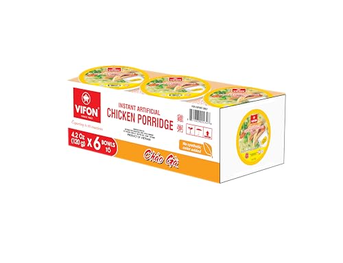 VIFON Instant Chicken Porridge Bowls, 6-Pack, 4.23 oz Each | Authentic Vietnamese Rice Porridge | Halal Certified | Includes Spoon | Ready in 3 Minutes
