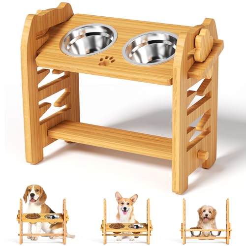 KIEUIENK Raised Dog Bowl Adjustable Elevated Dog Bowls for Medium and Small Dogs and Cats,Dog Bowl Stand with 2 Stainless Steel Bowls,Durable Bamboo Dog Feeder