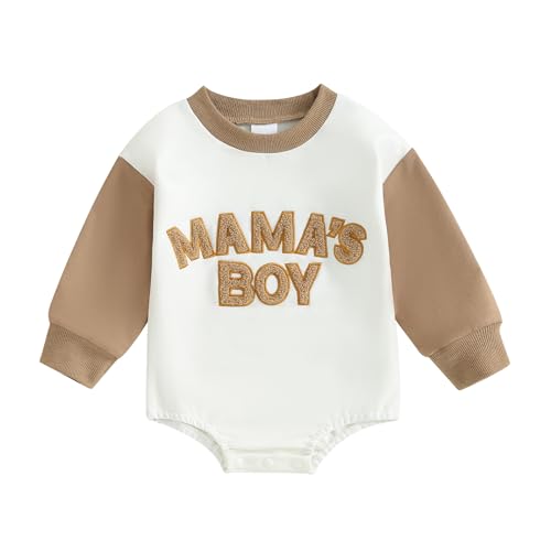 Image of FOCUSNORM Toddler Baby Boy Outfit Newborn Infant Clothes Embroidery Sweashirt Romper Long Sleeve Onesie Mamas Boy Clothes (Khaki A, 0-3 Months)