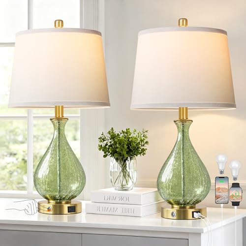 QiMH Green Glass Table Lamps for Living Room, Bedside Lamps Set of 2 with USB A+C...