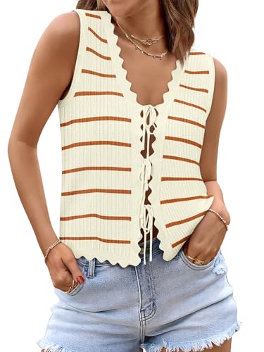 Image of COCCKO Womens Summer Tops Vacation Beach Outfits Cute Tie Front Crochet Vest Knit Sleeveless Sweaters