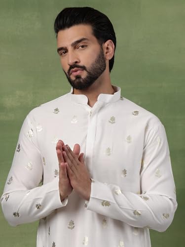 Image of SOJANYA (Since 1958 Men's Cotton Long Kurta with Golden Floral Motif Print