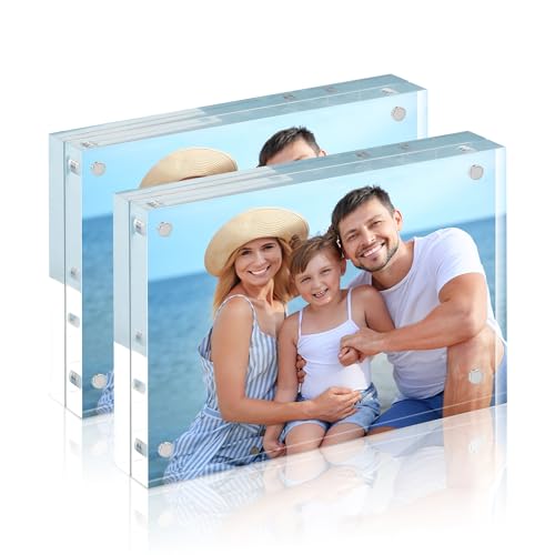 Image of HOUSE DAY Acrylic Picture Frames 5x7, 2 Pack Magnetic 5x7 Picture Frame, Double Sided Clear 5 x 7 Photo Frame with Microfiber Cloth, Frameless FreeStanding 5x7 Frame Gift for Desktop Display