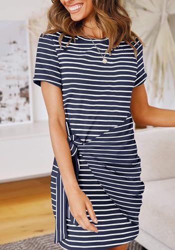Dixacyer Vestido feminino casual de verão, gola redonda, franzido, manga curta, colado ao corpo, fra