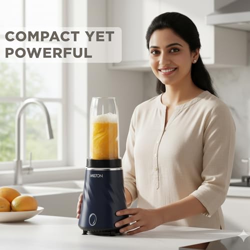 Image of Milton Appliances Miniq Mini Bullet Mixer Grinder I ISI Certified I Smoothie Maker & Blender I SS Jar & On-the-Go Jar I Powerful HTLV 350W Motor | For Juices, Smoothies, Chutney, Dark Blue