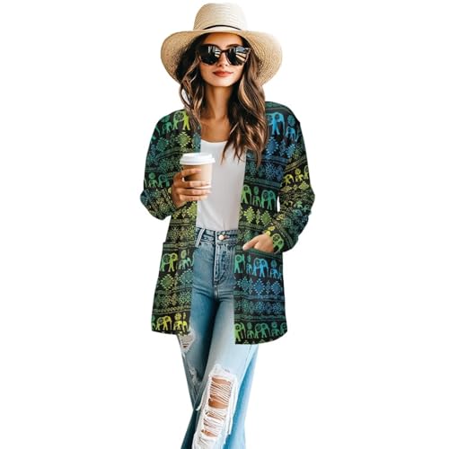 Image of Women's Aztec Open-Front Jacket Lightweight Casual Outerwear Native Western Aztec Pattern & Plaid Houndstooth Print