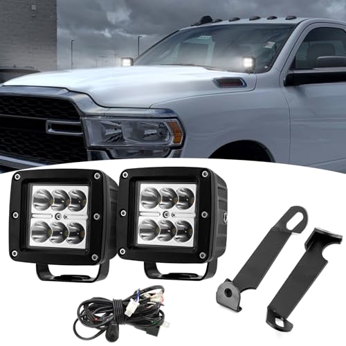 Wsays 2Pcs 24W LED Light Pods & Ditch Hood Hinge LED Pod Mount Bracket w/Wiring Kit Compatible with Dodge Ram 2500/3500 2019-2024