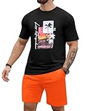 LecGee Men's T Shirt and Shorts Summer Tracksuit Casual Casual Set with Aloha Tropical Two Piece Outfits(Orange,L)