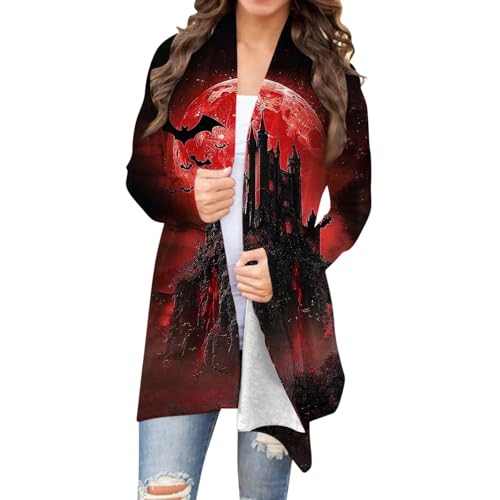 Women Halloween Cardigan Long Sleeve Open Front Print Fall Lightweight Crochet Medium Length Coat 2025 Casual2