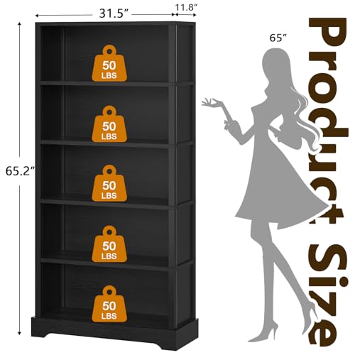 Image of TVU 5-Tier Wooden Bookshelf, 65 inch Tall Farmhouse Style Open Bookcase, 31.5 inch W Standing Book Shelf with Storage, Suitable for Study, Living Room, Office, Blcak