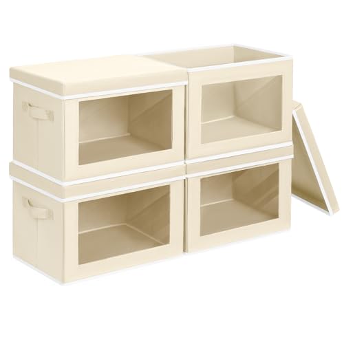 Homsorout Storage Bins Closet Storage - Fabric Boxes with Lid, Stackable Storage Bins with Window, Hand Pull Closet Organizer Boxes for Clothes, Towels, Books, Beige, Set of 4