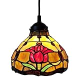 Amora Tiffany Hanging Lamp -8” Stained Glass Hanging Light Fixture with Red Floral Tulips -...