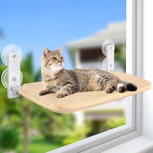 GUUSII HOME 猫窓ベッド ねこベッド 猫ハンモック 折畳み式猫ハンモック 吸盤 猫窓用ハンモック 猫窓ベッド 窓ハンモック 猫窓ベッド 吸盤式 ペットベッド ねこ ネコ キャットハンモック キャットマット 窓際マット 通気メッシュ 日光浴 ウィンドウベッド 洗える 猫用 耐荷重約25KG ストレス解消 組立簡単 日本語説明書付き 90日保証 (ベージュ, L)