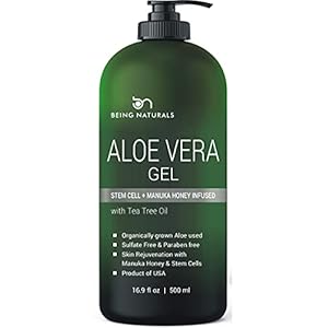 Aloe vera Gel – from 100% Pure Organic Aloe Infused with Manuka Honey, Stem Cell, Tea Tree Oil – Natural Raw Moisturizer for Face, Body, Hair. Perfect for Sunburn, Acne, Razor Bumps 16.9 fl oz