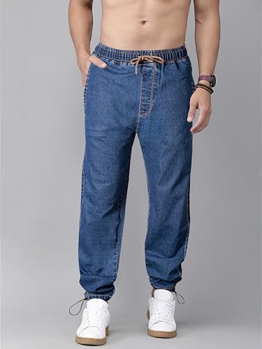 Image of Men's Comfort Fit Denim Lycra Joggers Jeans Stretchable High Rise Relaxed Fit Available in Dark Blue Navy Blue Light Blue Full Length Soft Fabric Machine Wash