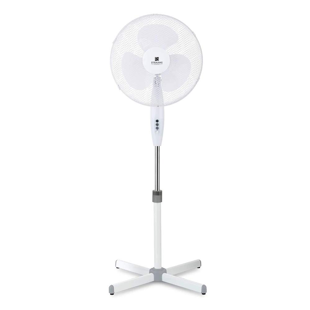 StraameHomeware | 16" Fan Pedestal Stand High Performance | 140cm Adjustable Height | 3 Speed Setting | Extra Wide Cross Base | Oscillating | Tilting Head (White)