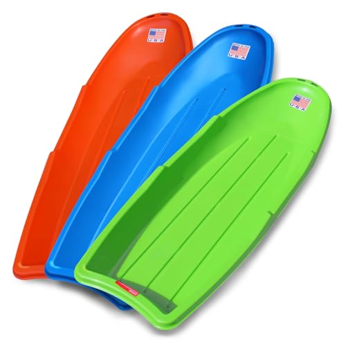 Flexible Flyer Winter Lightning Snow Sleds for Kids and Adults (3-Pack) - 48 Inch Toboggan Style Plastic Sled with Hard Bottom for Fast, Smooth Rides - 1 or 2 Riders (Blue, Green, Orange)