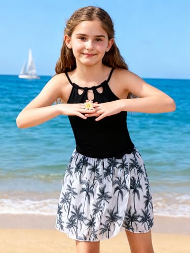 Image of Redair Girls Swimsuit One Piece Swimwear with Tropical Printed Cover Up Skirt Girls Bathing Suits Set 7-16 Years