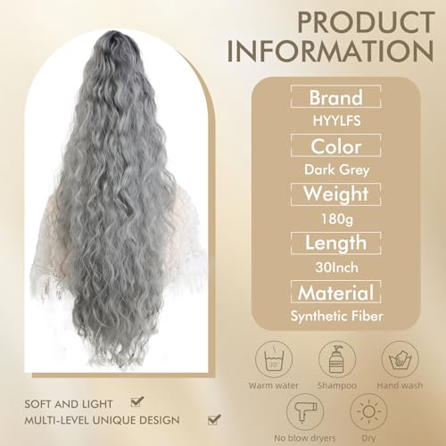 Image of Claw Clip Ponytail Extension 30In Long Wavy Curly Hair,Dark Grey