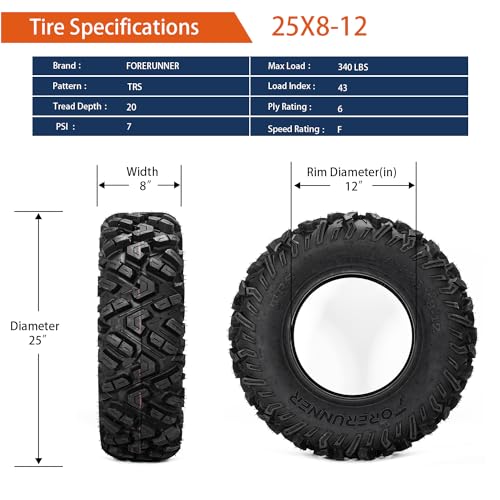 Image of FORERUNNER 25x8-12 ATV Tires,All Terrain TRS (Pack of 2, Tubeless) | FORERUNNER 6PR 25x8-12 ATV UTV Trail Mud Sand Off-Road Tires