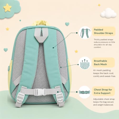 Image of Zemba Kids School Backpack, Space Explorer Theme with Astronaut and Rocket Design, Teal and Yellow, Polyester, Ages 2-6 Years
