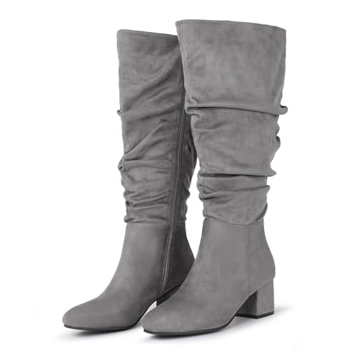 Chicblooms Damen-Stiefel mit extra weiter Wade, lässige Wildlederstiefel mit Blockabsatz, Grey Wildleder, EU 40