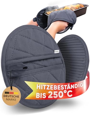 WOHNHELD Premium Topflappen (Extrem hitzebeständig bis 250 °C) waschbare & weiche Baumwolle - Ofenhandschuhe Topfuntersetzer mit praktischen Greif-Taschen - 20cm Grau