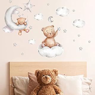 Decorative Wall Stickers, Bears Clouds Moon and Stars Wall Stickers, Cartoon Cute Bears Wall Decals Window Stickers for Kids Baby Room Bedroom Nursery Playroom Home Decor (A+B)