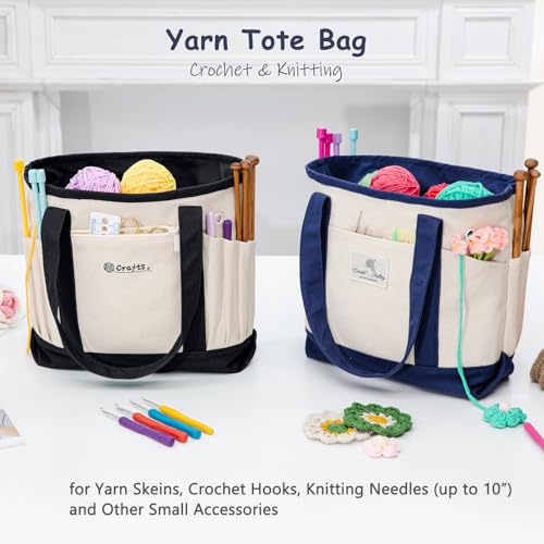 Image of MYBAGZING Canvas Yarn Storage Organizer Bag Washable Crochet Bag with Pockets for Yarn, Hooks, Needles - Travel Knitting Tote for Crafters - Gift for Crocheters & Knitters (Medium /Large)