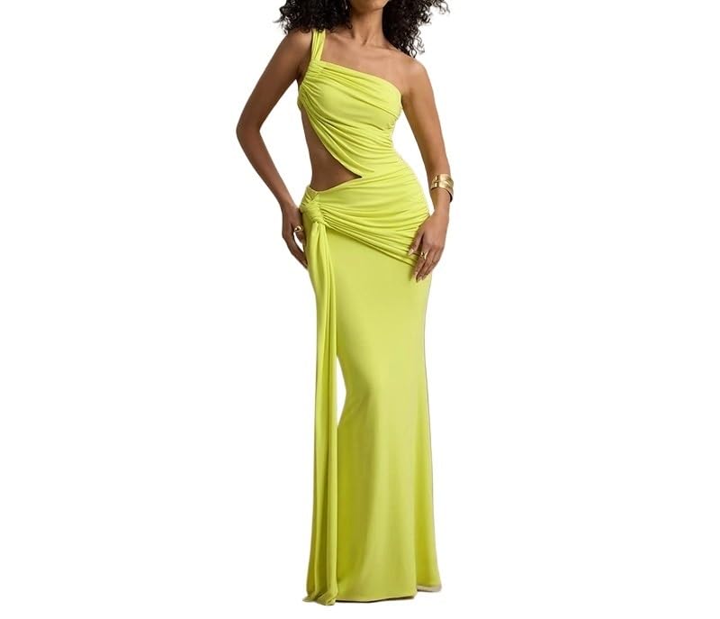 Missionary Venta al por mayor de vestidos largos con lazo lateral irregular de color liso for mujer europea y americana (2025)(Green,M)