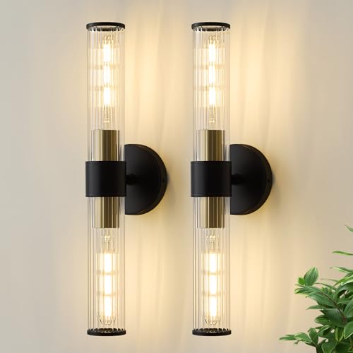 Image of Bathroom Light Fixtures 2 Pack Hardwired, Black Gold Wall Sconce Threaded Glass Vanity Light Featuring Two E26 sockets, Bathroom Wall Light Dimmable - Bulb Not Included, UL Certification