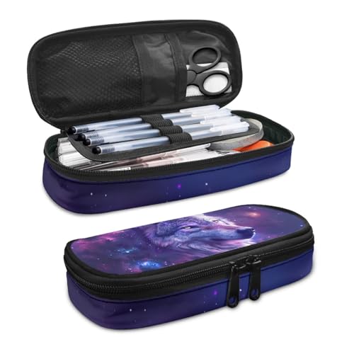 Image of Galaxy Wolf Purple Pencil Box Large Capacity Pencil Case Pouch Pen with Zipper Closure Stationery Storage Bag Pencil Organizer 8.8 inch x 4.1 inch x 1.7 inch