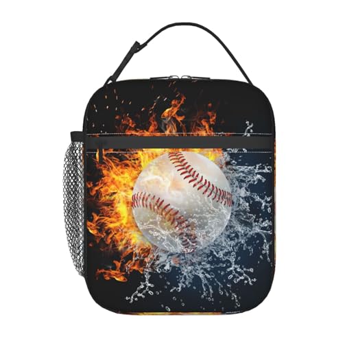 Anyako White Baseball Stitches Lunch Box,Cool Fire Water Sport Lunch Bag Sport Insulated for Men Women, Portable Kids Lunch Bag Reusable Baseball Cooler lunchbox for School Work Travel