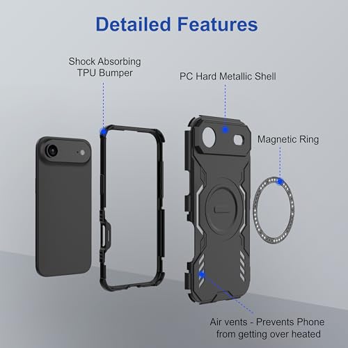 Image of amazon basics Back Case Cover for iPhone 17 Air | Magnetic Case with Built-in Metal Ring | Supports Mag-Safe Charger, Wallet & Car Mount | Shockproof Hybrid PC + TPU | Black
