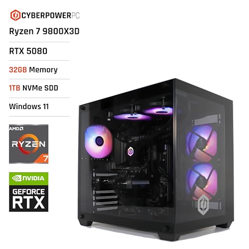 CyberPowerPC Luxe Gaming PC - AMD Ryzen 7 9800X3D, Nvidia RTX 5080 16GB, 32GB RAM, 1TB NVMe SSD, 850W 80+ PSU, Wi-Fi, Liquid Cooling, Windows 11, Ark RGB