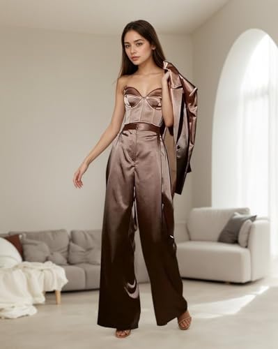 Satin Womens Tuxedo Suit Set 3 Piece 1 Button Pant Suits for Women Casual Notch Lapel Blazer Vest Pants3