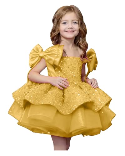 Sparkly Sequin Puffy Flower Dresses Short Girls Pageant Prom A Line Sleeveless Princess Bow Knot Birthday Party Dress PT616