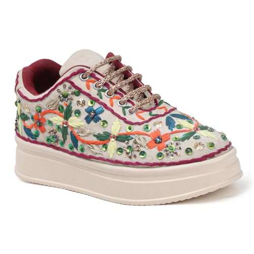 Image of Vendoz Women Hand Embroidery Wedding Party Bridal Floral High Heel Sneakers I Cushioned Insole I Comfortable Wear Wedge Shoes I for Ladies and Girls