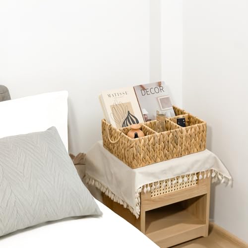 Image of KOKODO Divided Storage Basket Woven Natural Basket Hyacinth for Organizing Bathroom Kitchen Shelves Office Supplies Organization Everyday Wicker Storage Baskets 4 Section Rectangular Tray