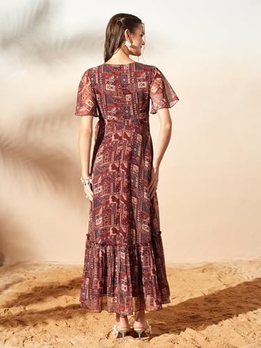 Image of Miss Chase Women's Floral V-Neck Flutter Sleeve Wrap Chiffon Maxi Dress