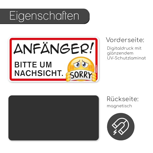 Auto-Magnet-Schild Anfänger! Bitte um Nachsicht. Sorry I 20 x 10 cm I Vorsicht Achtung Fahranfänger I mit Smile I wetterfest magnetisch I mit Smile I kfz664