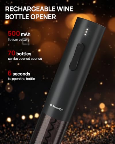 Rossedlyn Rechargeable Electric Wine Opener Gift Set - Aerator, Bottle Opener, Foil Cutter, Wine Vacuum Pump and Stoppers for Home Bar Outdoor Party - Thumbnail 4
