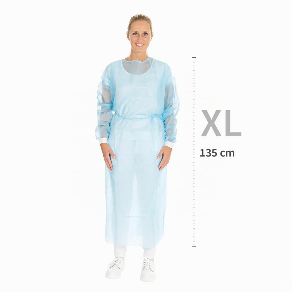 FRANZ MENSCH 100 Stück, Vlieskittel, L 135cm, blau, PP/PE, Nackenbindeband | Eco, teil-laminiert, Umfang 145cm, OP Einwegkittel, Einmalkittel mit Bündchen, Schutzkittel, Besucherkittel, visitor gown