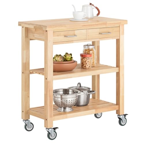SoBuy Desserte de Cuisine à roulettes en Bois d’Hévéa – Chariot de Rangement avec 2 Tiroirs...