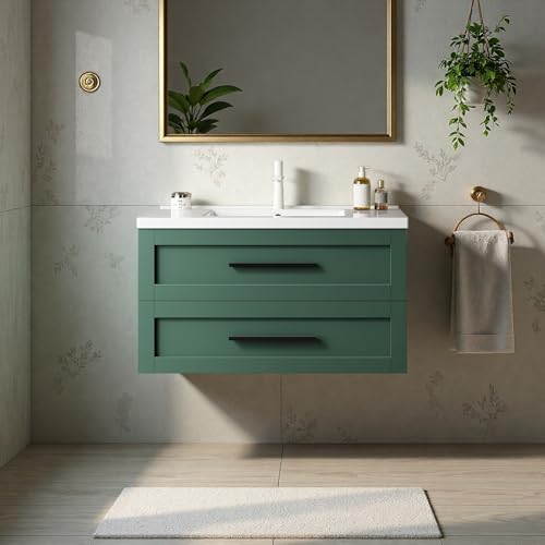 Image of Floating Bathroom Vanity with Sink, 36 inch Bathroom Storage Cabinet with Curve Design Ceramic Basin & 2 Soft-Close Drawers, Wall-Mounted Vanity with Large Storage Space & Black Handle, Green