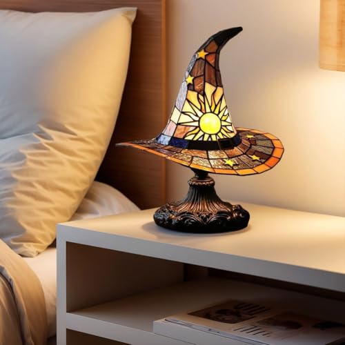 Image of Witch Hat Lamps, Handcrafted Stained Glass Resin Wizard Hat Light Gothic Table Lamp for Halloween Decor, Spooky Night Light for Bedroom and Indoor Parties, Unique Wiccan Gift