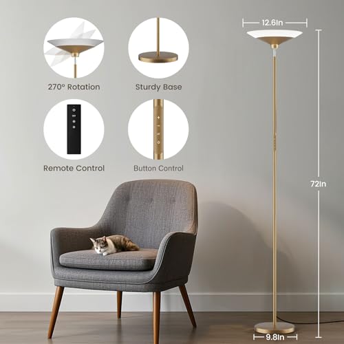 Image of SIBRILLE Torchiere Floor Lamp - 72 inch Tall LED Standing Lamp with Remote /Button Control, 1800Lm, 3000-6500K, 30W Dimmable Modern Corner Floor Light for Living Room Bedroom Office Apartment, Golden