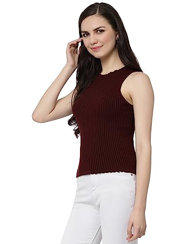 Image of Kalt Womens Knitted, Ribbed Cotton Fitted Sleeveless Round Neck Cami Tank Top